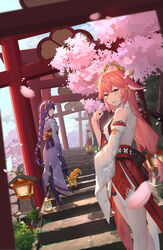  3girls absurdres animal_ears braid breasts cherry_blossoms cherry_tree detached_sleeves earrings falling_petals flower fox_ears fox_mask fox_shadow_puppet genshin_impact hair_flower hair_ornament hanachirusato_(genshin_impact) highres japanese_clothes jewelry kimono kitsune large_breasts long_hair looking_at_another looking_at_viewer low-braided_long_hair low-tied_long_hair mask mouma multiple_girls nontraditional_miko off_shoulder open_mouth outdoors petals pink_hair purple_eyes purple_hair purple_kimono purple_thighhighs raiden_shogun shirt shrug_(clothing) sky sleeveless sleeveless_shirt smile stairs stone_stairs thighhighs torii vision_(genshin_impact) white_shirt wide_sleeves yae_miko 