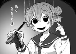  4shi bags_under_eyes bullet_hole collarbone commentary_request dango-chan_(4shi) double_bun drooling female greyscale gun hair_bun handgun hands_up highres holding holding_gun holding_weapon hole_in_head hollow_eyes long_sleeves looking_at_viewer monochrome nambu_pistol nambu_type_14 nambu_type_a_modified_(&quot;papa&quot;) neckerchief open_mouth original pointing pointing_at_self russian_roulette sailor_collar school_uniform serafuku short_hair smile smoke_trail solo translated upper_body weapon you&#039;re_doing_it_wrong 