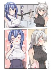  2girls animal_ears blue_hair blush braid breasts dp-12_(girls&#039;_frontline) english_text french_braid gift girls&#039;_frontline headband highres ksvk_(girls&#039;_frontline) large_breasts letter mother&#039;s_day mother_and_daughter multiple_girls nekokyun sleeveless sleeveless_turtleneck smile sweater turtleneck white_hair wolf_ears 