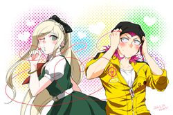  1boy artist_name beanie belt black_bow black_headwear blush bow bowtie bracelet braid collarbone danganronpa_(series) danganronpa_2:_goodbye_despair dated den1208 dress female finger_ribbon green_dress green_eyes hairbow hand_up hat heart jewelry long_hair medium_hair one_eye_closed pink_hair puffy_short_sleeves puffy_sleeves red_bow red_bowtie shirt short_sleeves smile soda_kazuichi sonia_nevermind sweat upper_body white_belt white_shirt zipper_pull_tab 