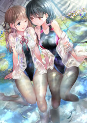  2girls :d absurdres black_hair black_one-piece_swimsuit black_pantyhose blue_eyes blunt_bangs braid breasts brown_eyes brown_hair brown_pantyhose closed_mouth collarbone collared_shirt competition_swimsuit covered_navel daisy dappled_sunlight eye_contact fish flower grass hair_ornament hair_ribbon hair_scrunchie highres large_breasts light_smile long_hair looking_at_another medium_breasts multiple_girls off_shoulder ogata_tei one-piece_swimsuit one_eye_closed original pantyhose pantyhose_under_swimsuit partially_submerged ribbon scrunchie see-through shiny_pantyhose shirt single_braid sitting smile sunlight swimsuit thighs water wet wet_clothes wet_shirt white_shirt yuri 