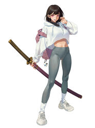  absurdres backpack bag black_hair breasts cosplay crop_top female full_body highres hongcasso hood hoodie katana large_breasts leggings looking_at_viewer ootachi oran_(hongcasso) original pink_eyes shoes skin_tight skindentation sneakers solo sword thighs turtleneck weapon 