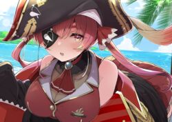  ascot black_hat blue_sky breasts cleavage cloud day eyepatch female goten_(510gensoku) hair_ribbon hat highres hololive houshou_marine houshou_marine_(1st_costume) large_breasts long_hair looking_at_viewer ocean open_mouth outdoors pirate_hat red_ascot red_eyes red_hair red_ribbon red_skirt ribbon see-through see-through_cleavage skirt sky solo teeth twintails upper_teeth_only virtual_youtuber 