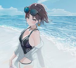  absurdres asakura_toru blue_eyes blush brown_hair closed_mouth day eyewear_on_head female highres horizon idolmaster idolmaster_shiny_colors looking_at_viewer ocean outdoors shore solo sunglasses swimsuit uouokuma 