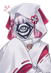  blunt_bangs cloak english_commentary female gradient_hair grey_hair hand_up highres hololive hololive_english hood hood_up mask multicolored_hair orinte paper_on_head personification pink_hair simple_background sleeves_past_fingers sleeves_past_wrists solo twitter_username upper_body virtual_youtuber wahtcher_(ninomae_ina&#039;nis) white_background white_cloak 