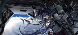  absurdres aircraft airplane animal_ear_fluff animal_ears arknights belt belt_buckle belt_pouch black_gloves black_hair black_tail blaze_(arknights) blue_eyes bracelet breasts buckle cable cat_ears cat_girl cat_tail chinese_commentary closed_mouth cloud collarbone commentary_request day earpiece extra_ears female fingernails gloves goggles hatch highres infection_monitor_(arknights) jacket jewelry large_breasts long_hair long_sleeves looking_at_viewer open_clothes open_jacket partially_fingerless_gloves pouch purple_belt shirt smile solo tail tank_top upper_body v very_long_hair white_jacket white_shirt z_05 