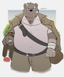  2022 anthro band-aid bandage bear belly big_belly black_nose bottomwear brown_body clothing hi_res horn humanoid_hands kemono male mammal overweight overweight_male pants shirt solo topwear whitebeast20 