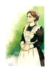  aoharuto apron black_dress brown_hair dated dress emma_(victorian_romance_emma) female glasses hair_bun hat highres long_sleeves looking_afar maid mob_cap own_hands_together simple_background single_hair_bun solo standing victorian_romance_emma white_hat 