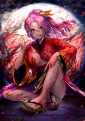  absurdres blood blood_on_arm blood_on_clothes blood_on_face blood_on_hands blood_on_leg breasts brown_footwear cigarette eyes_visible_through_hair female hair_between_eyes hair_ribbon hand_fan hand_up highres holding japanese_clothes kimono komakusa_sannyo long_hair long_sleeves looking_at_viewer medium_breasts moon multicolored_clothes multicolored_kimono night night_sky open_mouth ponytail purple_hair purple_kimono red_eyes red_kimono red_nails red_sleeves ribbon sitting sky slippers smile solo tabiji_(tabiji_s) touhou yellow_ribbon 