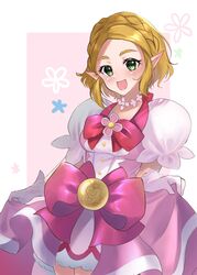  :d blonde_hair blush choker commentary_request cosplay cure_flora cure_flora_(cosplay) dress eyelashes female flower_choker gloves go!_princess_precure green_eyes happy highres looking_at_viewer minccino7 open_mouth pink_dress pointy_ears precure princess_zelda puffy_short_sleeves puffy_sleeves shimamura_yuu short_hair short_sleeves smile solo standing the_legend_of_zelda the_legend_of_zelda:_tears_of_the_kingdom voice_actor_connection 