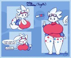  anthro big_breasts black_eyes breasts cleavage clothed clothing dewbber dialogue english_text eyewear female generation_2_pokemon goggles huge_breasts huge_thighs maley_scrambles markings model_sheet nintendo open_mouth pokemon pokemon_(species) shirt signature smile solo speech_bubble standing text thick_thighs togetic topwear white_body wings 