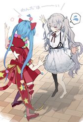  25-ji_miku 25-ji_nightcord_de._(project_sekai) 2girls ahoge animal_ears asymmetrical_legwear barefoot black_legwear blue_eyes cat_ears chest_harness dress dual_persona fake_animal_ears flying_sweatdrops frilled_dress frills from_behind full_body grey_hair hair_ribbon half-closed_eyes hands_up harness hatsune_miku heterochromia high_heels highres jitome long_hair manami_(aph-23) multiple_girls neck_ribbon pom_pom_(clothes) project_sekai purple_eyes red_dress red_footwear red_legwear red_ribbon ribbon shadow single_thighhigh speech_bubble spoken_flying_sweatdrops standing thighhighs tile_floor tiles translated twintails very_long_hair vocaloid white_dress wonderlands_x_showtime_(project_sekai) wonderlands_x_showtime_miku 