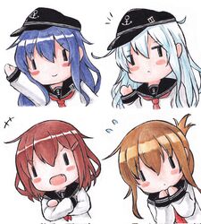  4girls akatsuki_(kancolle) anchor_symbol arm_up black_headwear blue_hair blush_stickers brown_hair chibi commentary corrupted_twitter_file flat_cap flying_sweatdrops folded_ponytail hat hibiki_(kancolle) highres ikazuchi_(kancolle) inazuma_(kancolle) kantai_collection long_hair long_sleeves multiple_girls neckerchief oerba_yun_fang open_mouth poipoi_purin ponytail red_neckerchief sailor_collar school_uniform serafuku simple_background white_background white_hair 