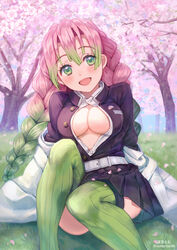  :d artist_name black_jacket black_skirt blush braid breasts cherry_blossoms cleavage commentary day demon_slayer_uniform eyelashes female grass green_eyes green_hair green_thighhighs hair_between_eyes hanami haori head_tilt highres jacket japanese_clothes kanroji_mitsuri kimetsu_no_yaiba long_hair long_sleeves looking_at_viewer medium_breasts miniskirt mole mole_under_eye multicolored_hair off_shoulder open_mouth outdoors partially_unbuttoned pink_hair pleated_skirt ribbed_legwear shirt sitting skirt smile solo soramame_tomu thighhighs thighs tree twitter_username two-tone_hair uniform white_shirt 