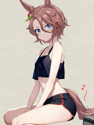  animal_ears bare_arms bare_legs between_legs black_shorts blue_eyes blush brown_hair closed_mouth collarbone crop_top dolphin_shorts female flower grey_background hair_between_eyes hair_flower hair_ornament hair_ribbon hand_between_legs highres horse_ears horse_girl horse_tail looking_at_viewer narita_taishin_(umamusume) red_flower red_ribbon ribbon short_hair short_shorts shorts sitting solo tail umamusume zenbrush2 