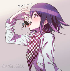  2boys ahoge black_hair blush checkered_clothes checkered_scarf danganronpa_(series) danganronpa_v3:_killing_harmony flying_sweatdrops from_side grey_background hair_between_eyes long_sleeves male_focus mini_person miniboy multiple_boys oma_kokichi open_mouth purple_eyes purple_hair saihara_shuichi scarf simple_background togi9999 tongue tongue_out twitter_username upper_body vore yaoi 