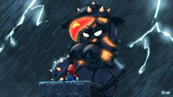  anthro big_breasts black_body bowser&#039;s_fury breasts broodal bulging_breasts cleavage clothed clothing detailed_background dress duo electricity eye_contact eyelashes female fishnet_clothing fishnet_legwear hand_on_hip hariet_(mario) hat headgear headwear hi_res human joaoppereiraus lagomorph larger_female legwear leporid lightning looking_at_another mace macro male mammal mario mario_bros melee_weapon nintendo no_pupils open_mouth overalls rabbit raining red_clothing red_hat red_headwear size_difference smaller_male spiked_hat spikes standing super_mario_odyssey thick_thighs water weapon wet white_eyes 