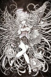  6+girls absurdly_long_hair angel angel_wings asymmetrical_wings aya_carmine blush body_horror braid closed_eyes collared_shirt dual_persona flower_wings full_body glasses greyscale halo highres leaf_wings long_hair meguro_miyuki millipen_(medium) mismatched_wings monochrome multiple_girls neck_ribbon open_mouth plant_wings pleated_skirt ribbon sayonara_wo_oshiete school_uniform severed_head shirt shoes short_hair side_braids skirt smile snake socks sugamo_mutsuki surreal takada_nozomi tamachi_mahiru tendril tentacle tongue traditional_media twintails ueno_koyori underbust uwabaki very_long_hair vest wavy_hair wings 