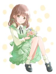  absurdres black_footwear black_neckwear black_ribbon bobby_socks bouquet bow braid breasts brown_eyes brown_hair commentary daisy dress female flower footwear_bow gingham gingham_dress green_dress hair_ribbon highres holding holding_bouquet hoshiibara_mato knees_together_feet_apart knees_up light_blush long_sleeves looking_at_viewer open_mouth original pinafore_dress polka_dot polka_dot_background ribbon shirt shoes sitting sleeveless sleeveless_dress small_breasts smile socks solo white_background white_shirt white_socks 