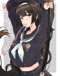  akatuki arms_up azur_lane black_sailor_collar black_serafuku black_shirt black_skirt brown_hair crop_top crop_top_overhang extra_ears female hair_ears hair_flaps hairband highres holding holding_sword holding_weapon long_hair looking_at_viewer md5_mismatch midriff miniskirt mouth_hold neckerchief official_alternate_costume pleated_skirt ribbon sailor_collar school_uniform serafuku sheath sheathed shirt skirt solo sword takao_(azur_lane) takao_(school_romanza)_(azur_lane) very_long_hair weapon white_hairband white_neckerchief white_ribbon yellow_eyes 