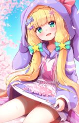  :3 :d animal_hood aqua_eyes baram blonde_hair blunt_bangs blurry blurry_background bow candy_hair_ornament cherry_blossoms clothes_writing commentary day drawstring female food-themed_hair_ornament hair_ornament hairbow head_tilt highres hood hood_up hoodie long_hair long_sleeves looking_at_viewer mononobe_alice mononobe_alice_(9th_costume) nijisanji outdoors petals puffy_long_sleeves puffy_sleeves shirt_basket sitting smile solo thighs virtual_youtuber 