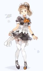  alternate_costume ascot awa_(12687414) bad_id bad_pixiv_id black_shirt black_skirt brown_eyes brown_hair corset diane_(nanatsu_no_taizai) enmaided female frilled_skirt frills full_body garter_straps high_ponytail long_hair maid maid_headdress miniskirt nanatsu_no_taizai open_mouth orange_ascot shirt short_sleeves simple_background skirt solo standing thighhighs white_background white_thighhighs wristband 