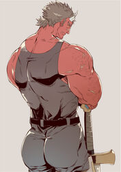  1boy arm_hair ass bad_id bad_twitter_id bara bare_arms belt black_tank_top broken_horn colored_skin facial_hair from_behind grey_background hinokumo_f horns long_sideburns male_focus mature_male monster_boy muscular muscular_male oni oni_horns orgus_(f-kare) red_skin short_hair shoukan_yuusha_to_f-kei_kareshi sideburns solo spiked_hair standing stubble sword tank_top thick_eyebrows tusks weapon 