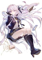  adjusting_clothes adjusting_gloves black_footwear black_necktie black_ribbon black_skirt book boots braid commentary danganronpa:_trigger_happy_havoc danganronpa_(series) ear_piercing female food gloves hair_ribbon high_heel_boots high_heels highres jacket kirigiri_kyoko kneehighs long_hair mouth_pull necktie nissin_cup_noodle noodles pages panties piercing popped_collar purple_eyes purple_jacket ribbon rumoon simple_background skirt socks solo underwear white_background white_panties 