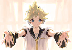  1boy arm_warmers backlighting bass_clef black_sailor_collar blonde_hair blue_eyes commentary curtains headphones incoming_hug kagamine_len looking_at_viewer male_focus naoko_(naonocoto) necktie outstretched_arms reaching reaching_towards_viewer sailor_collar shirt short_sleeves smile solo spiked_hair upper_body vocaloid white_shirt window yellow_necktie 