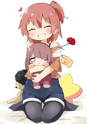  :x birthday black_pantyhose blush blush_stickers bouquet brown_hair character_doll closed_eyes commentary female flower grin higero_(wataten) highres himesaka_noa hoshino_hinata hoshino_miyako_(wataten) hugging_doll hugging_object jitome makuran off_shoulder one_side_up orange_hair pantyhose pantyhose_under_shorts rose short_shorts shorts simple_background sitting smile solid_circle_eyes solo stuffed_toy wariza watashi_ni_tenshi_ga_maiorita! 