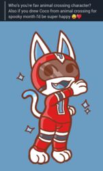  animal_crossing anthro armor blue_tongue clothing domestic_cat english_text felid feline felis fur headgear helmet hi_res kid_cat_(animal_crossing) male mammal maskedfurry nintendo skinsuit smile solo spandex text tight_clothing tongue visor white_body white_fur 