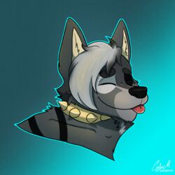  1:1 black_body black_fur black_nose blep blep_kiss canid canine canis closed_eyes codyf0xx collar dualitywolfie_(character) fur gold gold_(metal) gradient_background hair icon male mammal simple_background spiked_collar spikes striped_body stripes tongue tongue_out white_hair wolf 