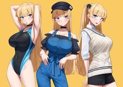  armpits arms_behind_head arms_up bare_shoulders black_headwear black_one-piece_swimsuit black_shirt black_shorts blonde_hair blue_eyes blue_one-piece_swimsuit blue_overalls blush breasts choker cleavage collarbone collared_shirt covered_navel dress_shirt female hat highleg highleg_swimsuit highres large_breasts lina_(michihasu) long_hair long_sleeves looking_at_viewer michihasu multicolored_clothes multicolored_swimsuit multiple_views off_shoulder one-piece_swimsuit open_mouth original overalls puffy_short_sleeves puffy_sleeves shirt short_sleeves shorts smile sweater sweater_vest swimsuit thighs white_shirt white_sweater yellow_background 