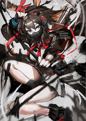  absurdres animal_ears april_(arknights) arknights arrow_(projectile) black_footwear bow_(weapon) brown_hair chuhaibane commission compound_bow female hair_between_eyes headphones highres holding holding_bow_(weapon) holding_weapon implied_extra_ears long_hair looking_at_viewer mask mouth_mask purple_eyes quiver rabbit_ears rabbit_girl shirt shoes solo twitter_username weapon white_shirt 