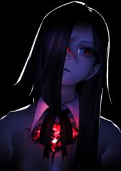  1other androgynous backlighting black_background black_hair closed_mouth commentary glowing hair_over_one_eye long_hair mi8pq original portrait red_eyes scar scar_on_face simple_background solo 