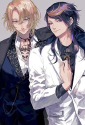  2boys arm_around_shoulder black_choker black_hair black_jacket black_shirt chest_tattoo choker collared_shirt earrings grey_background hair_behind_ear head_tilt highres jacket jewelry komono_goma looking_at_viewer luca_kaneshiro male_focus multicolored_hair multiple_boys nijisanji nijisanji_en orange_hair pectoral_cleavage pectorals pink_hair purple_eyes purple_hair shirt short_sidetail shu_yamino smile streaked_hair tattoo virtual_youtuber white_jacket white_shirt 