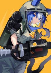  animal_ears arknights backpack bag black_bag blue_eyes blue_hair candy cowboy_shot cropped_jacket dutch_angle ears_through_headwear female food glaucus_(arknights) glaucus_(exterminator_in_the_square)_(arknights) green_jacket grey_pants holding_ghostbuster hood hood_up hose jacket lollipop long_hair mouth_hold multicolored_hair official_alternate_costume one-hour_drawing_challenge pants sasa_onigiri simple_background solo two-tone_hair 