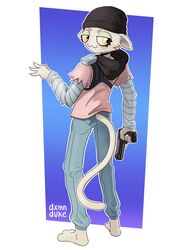  2022 3:4 absurd_res alternate_color anthro artist_name barefoot beanie black_beanie black_clothing black_hat black_headwear blue_bottomwear blue_clothing blue_pants bottomwear clothed clothing cloud_nine_(fortnite) domestic_cat dxmnduke epic_games feet felid feline felis female fortnite gun hat headgear headwear hi_res hood_(clothing) looking_back mammal meow_skulls_(fortnite) pants pink_clothing pink_shirt pink_topwear ranged_weapon shirt solo topwear weapon 