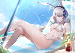  animal_ears arknights bare_shoulders beach beach_chair bikini bird blush bottle breasts cleavage cloud cloudy_sky commentary covered_nipples crossed_legs day female fingernails frostnova_(arknights) grey_eyes hair_over_one_eye hand_on_own_stomach headphones leaf long_hair looking_at_viewer lying medium_breasts navel ocean on_back rabbit_ears rabbit_girl scar scar_on_face see-through sky solo sunlight sweat swimsuit underwear water wet white_bikini white_hair xion32 