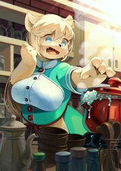  2021 4_fingers ahoge anthro appliance apron big_breasts black_nose blue_eyes blush bodily_fluids bottle bowl breasts bubble button_(fastener) button_dress canid canine canis claws clothed clothing container cooking cooking_pot cupboard cute_fangs cutlery detailed_background digital_media_(artwork) domestic_dog dress fangs female female_anthro fingers fur furniture green_clothing hair hi_res inside jar kemono kitchen kitchen_appliance kitchen_stove kitchen_utensils mammal nn_197069 open_mouth shelf short_hair solo spoon steam stove sweat sweatdrop table tan_body tan_fur tan_hair teapot teeth tools topwear tuft white_clothing yellow_clothing 