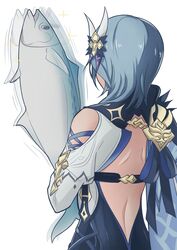  bare_back belt blue_hair cape commentary_request eula_(genshin_impact) female fish from_behind genshin_impact hair_ornament highres long_hair long_sleeves luxurious_sea-lord mon-chan motion_lines sidelocks simple_background sparkle tuna white_background 