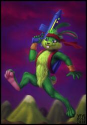  2018 4_toes 5_fingers anthro biped black_border black_nose blue_eyes border cheek_tuft crotch_tuft dated epic_games facial_tuft feet fingers front_view fur futuristic_gun glistening glistening_eyes green_body green_ears green_fur green_hair green_tail hair holding_object holding_weapon jazz_jackrabbit jazz_jackrabbit_(series) lagomorph leporid male mammal pink_inner_ear rabbit scut_tail short_hair short_tail sign signature skyelegs solo tail teeth toes tuft weapon weapon_on_shoulder whiskers 