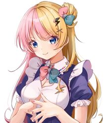  blonde_hair blue_eyes breasts cleavage_cutout clothing_cutout female hair_bun hair_ornament heart_cutout highres kano3 kotoka_torahime large_breasts lightning_bolt_hair_ornament lightning_bolt_symbol long_hair maid multicolored_hair nijisanji nijisanji_en pink_hair pink_nails simple_background smile solo split-color_hair two-tone_hair virtual_youtuber white_background x_hair_ornament 