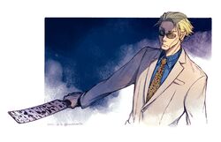  1boy aoharuto artist_name blonde_hair blue_background blue_shirt cheekbones collared_shirt dated dress_shirt formal holding holding_weapon jacket jujutsu_kaisen long_sleeves male_focus nanami_kento necktie round_eyewear shirt short_hair simple_background solo suit upper_body weapon 