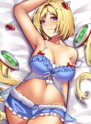  aki_rosenthal aki_rosenthal_(sleepwear) arm_up armpits babydoll bed_sheet blonde_hair blue_babydoll blue_eyes blue_skirt blush bob_cut breasts camisole cleavage closed_mouth collarbone commentary cowboy_shot detached_hair female frilled_camisole frilled_skirt frills from_above fur-trimmed_skirt fur_trim hair_intakes hair_ornament headgear hololive large_breasts looking_at_viewer low_twintails lying microskirt navel official_alternate_costume on_back parted_bangs pom_pom_(clothes) see-through short_hair skirt smile solo stomach strap_slip touki_(tsuitta) twintails virtual_youtuber 