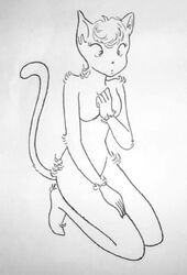  ami_(disambiguation) anthro breasts felid feline female hair hand_on_breast kneeling mammal misuzu monochrome nude raised_tail simple_background solo tail traditional_media_(artwork) urusei_yatsura wide_eyed 