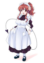  :d breasts brown_eyes brown_hair commentary curled_horns demon_girl demon_horns demon_tail female full_body horns large_breasts long_hair long_sleeves machikado_mazoku maid maid_day maid_headdress mukaibi_aoi oerba_yun_fang open_mouth ponytail sidelocks simple_background skirt_hold smile solo standing tail white_background yoshida_yuuko_(machikado_mazoku) 