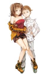  1boy awa_(12687414) bad_id bad_pixiv_id boots breasts brown_eyes brown_hair brown_skirt cleavage couple diane_(nanatsu_no_taizai) dress_shirt female full_body grey_pants hand_on_own_hip highres king_(nanatsu_no_taizai) large_breasts long_hair long_sleeves looking_at_viewer miniskirt nanatsu_no_taizai pants pleated_skirt print_shirt red_eyes shirt simple_background skirt straight strapless twintails white_background white_shirt 