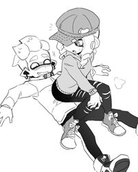  1boy accidental_pervert agent_4_(splatoon) blush dede_(qwea_00000) drooling female greyscale hood hoodie inkling inkling_boy inkling_player_character long_sleeves looking_at_another lying monochrome octoling octoling_girl octoling_player_character oerba_yun_fang open_mouth pants pointy_ears simple_background sitting sitting_on_person splatoon_(series) straight sweat tentacle_hair torn_clothes torn_pants 