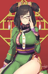  adjusting_eyewear black_hair breasts chinese_clothes female glasses hair_ornament highres large_breasts long_hair mole mole_under_mouth murata_tefu samurai_spirits side_slit solo wu-ruixiang 